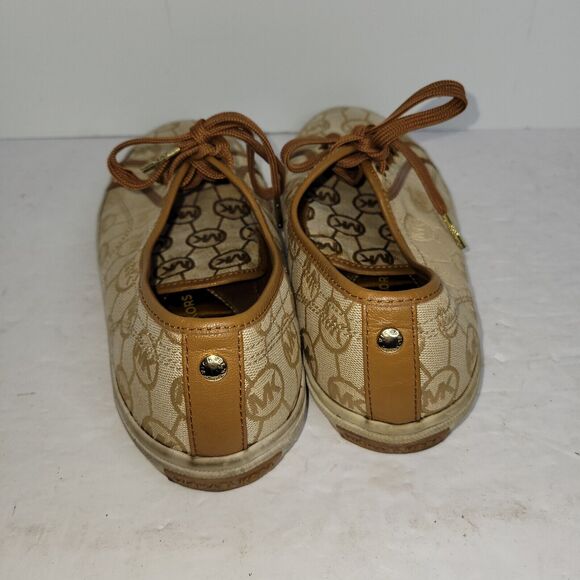 Michael Kors Womens Sz 9.5 M Brown MK Monogram Canvas Beige Sneakers Preppy Gold - Picture 4 of 14